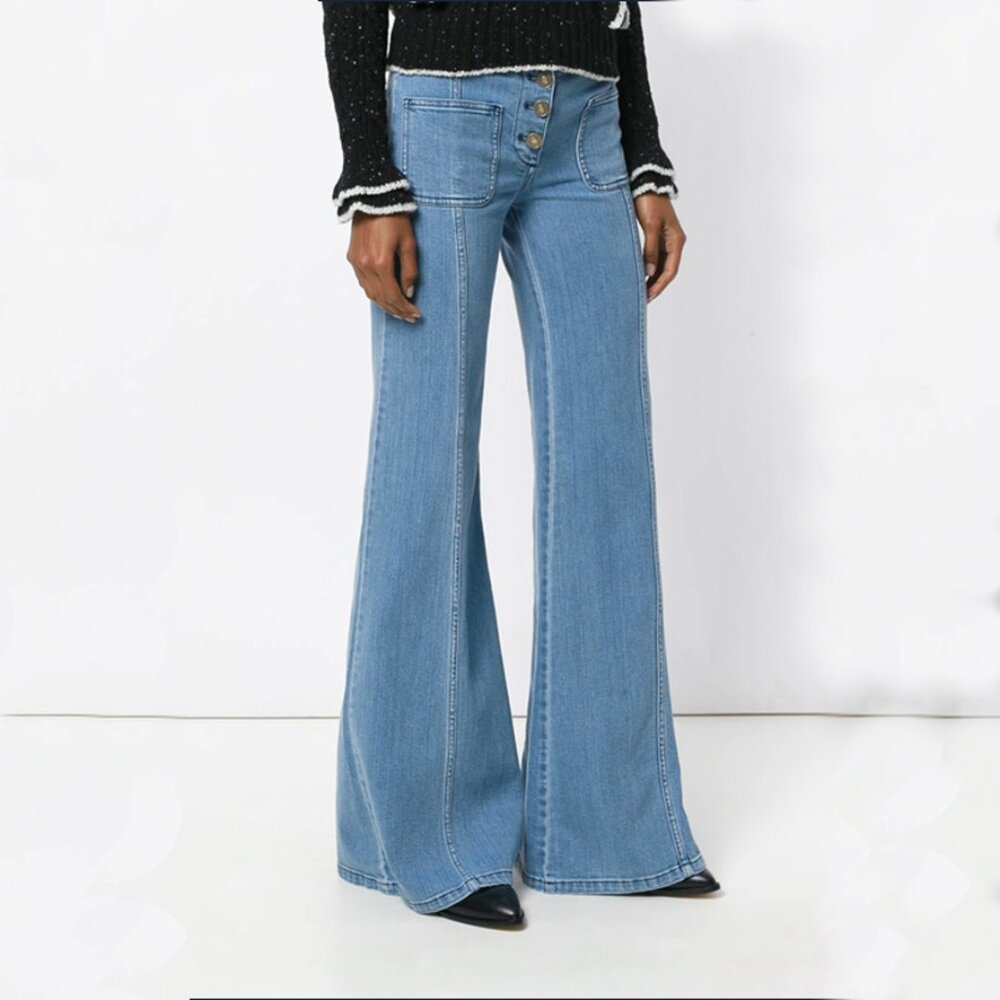 Chloe 6 / F 38 Denim Wide Flare Jeans Bell Bottom Button Fly Patch Pocket - Picture 3 of 15